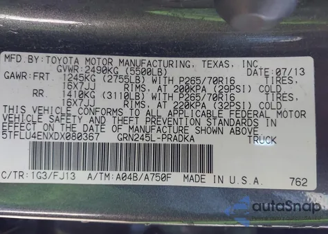 2013 Toyota Tacoma Base V6 z USA, uszkodzony, nr VIN 5TFLU4ENXDX080367